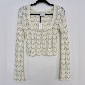 Pink Rose Cream & Light Green Crochet Scoop Neck Sweater